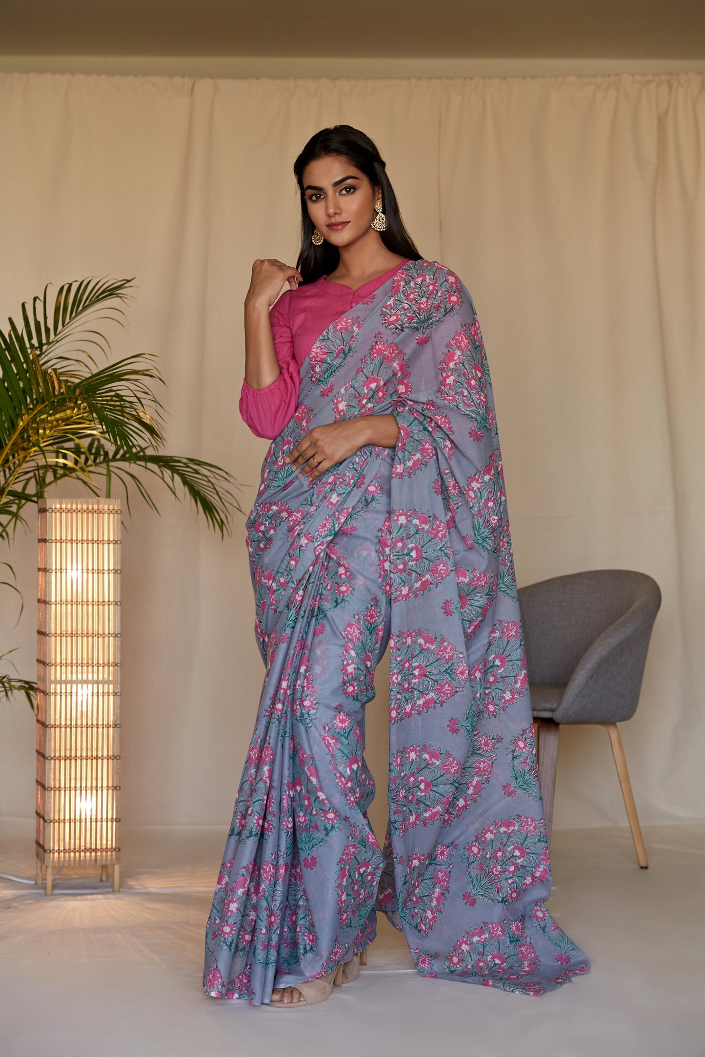 Magenta Grey Mughal Hand BlockPrinted Mulmul Sari Set - Set of 2