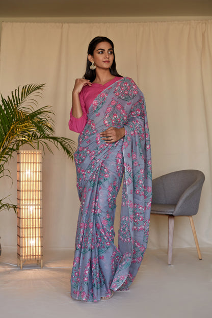Magenta Grey Mughal Hand BlockPrinted Mulmul Sari Set - Set of 2