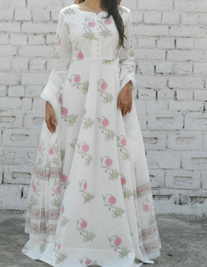 Pink Dahlia Blockprint Anarkali Suit with Dupatta