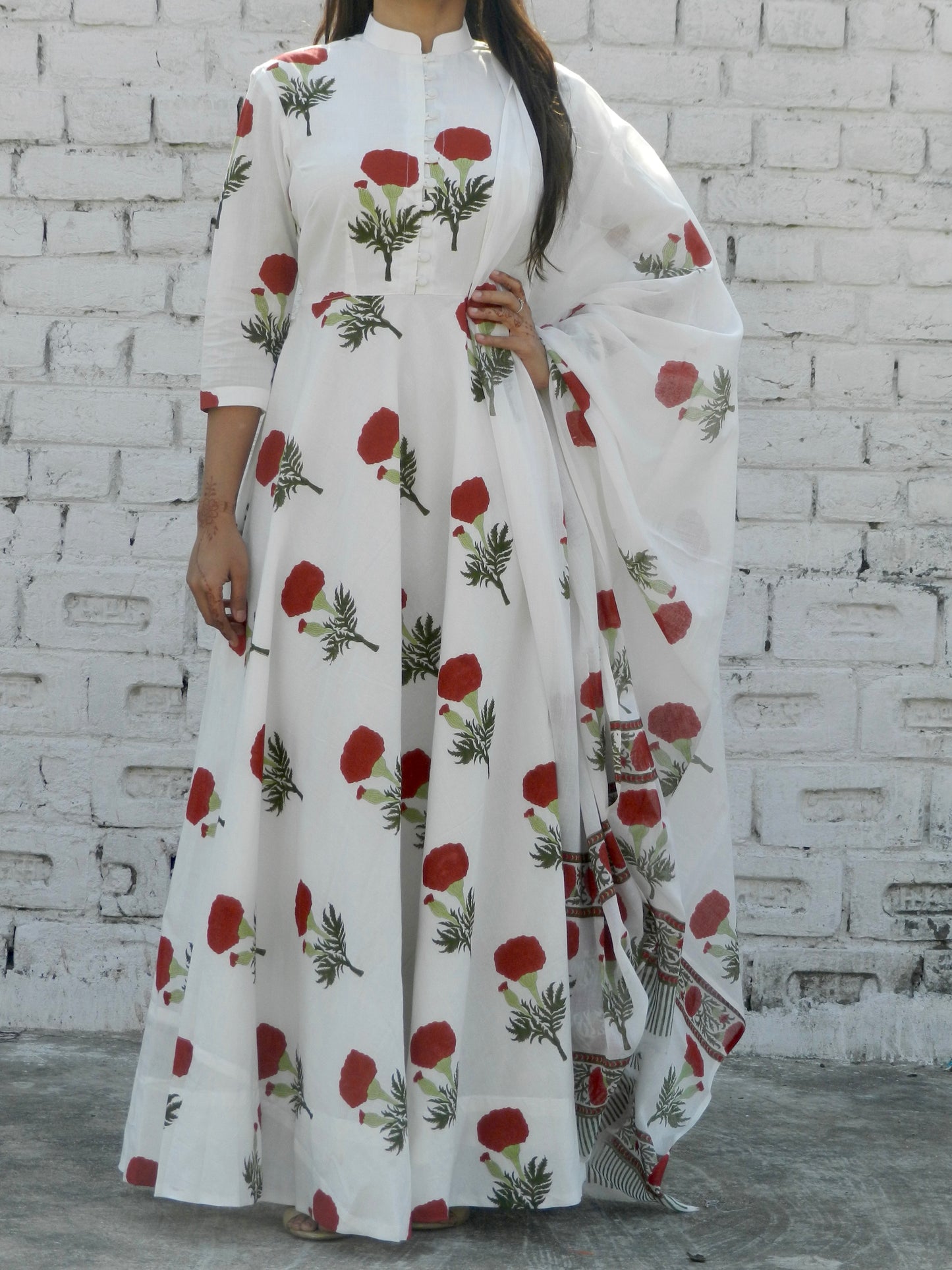 Red Mogra Blockprint Anarkali Suit with Dupatta