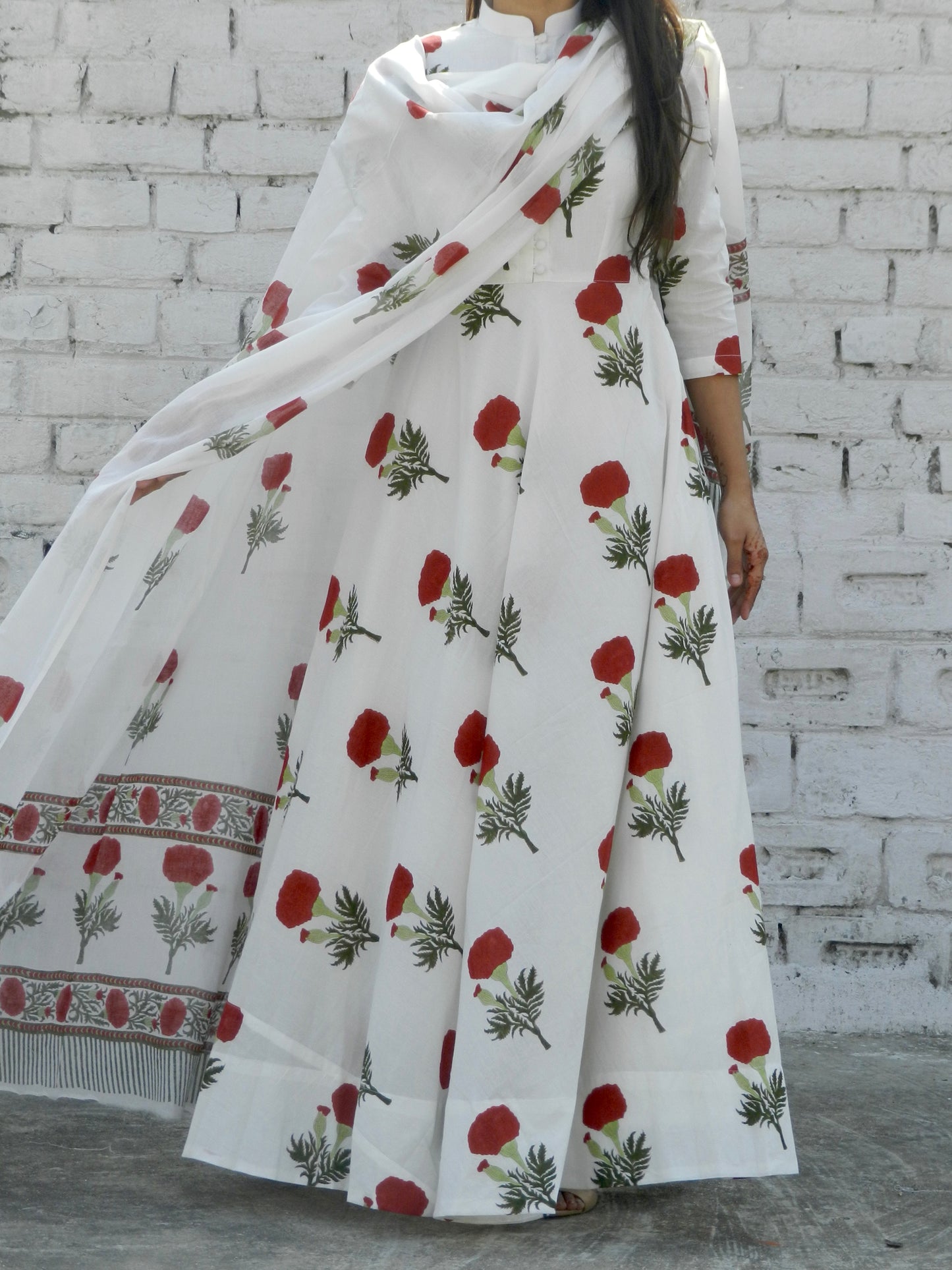 Red Mogra Blockprint Anarkali Suit with Dupatta