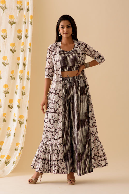 Black BlockPrint Crop Top & Pants Jacket Set - S, 3XL