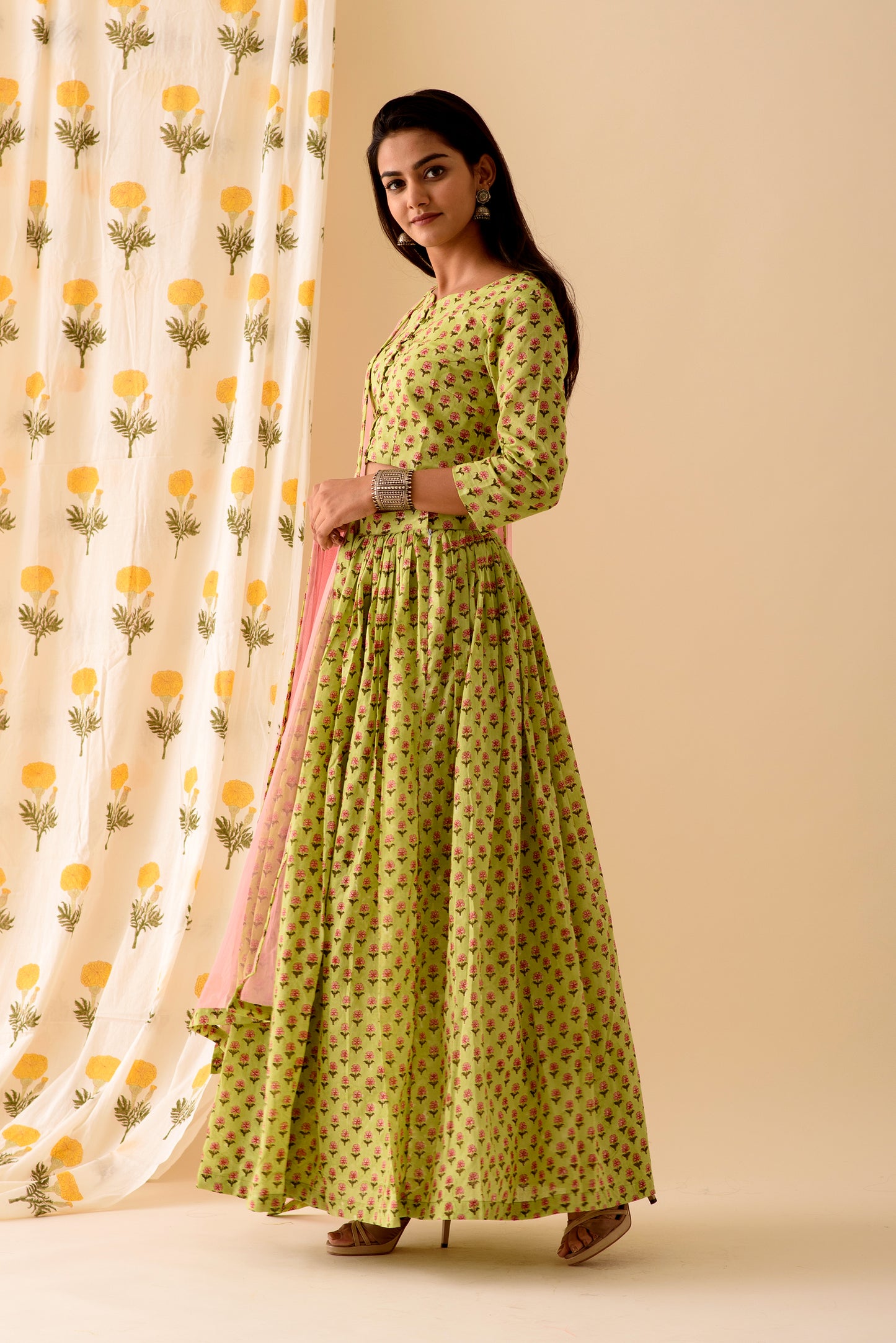 Green BlockPrint Lehenga Set - S