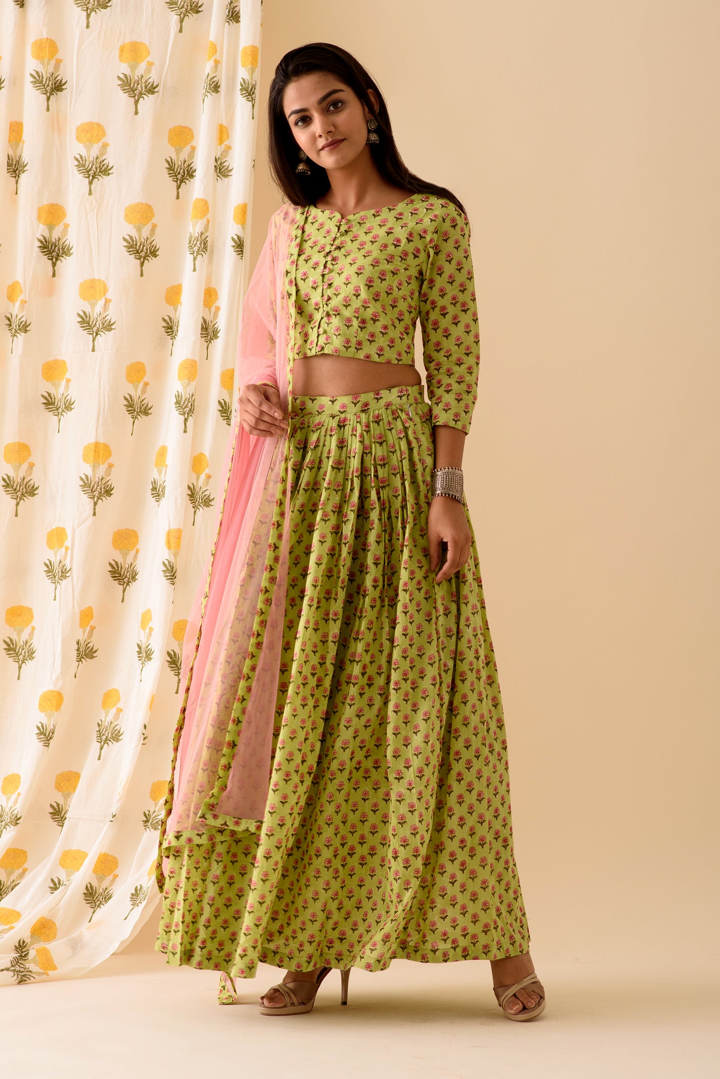 Green BlockPrint Lehenga Set - S