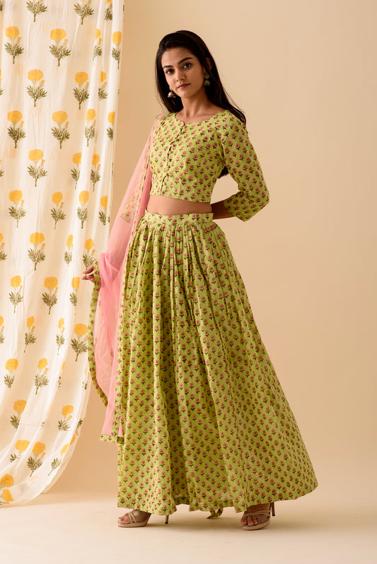 Green BlockPrint Lehenga Set - S
