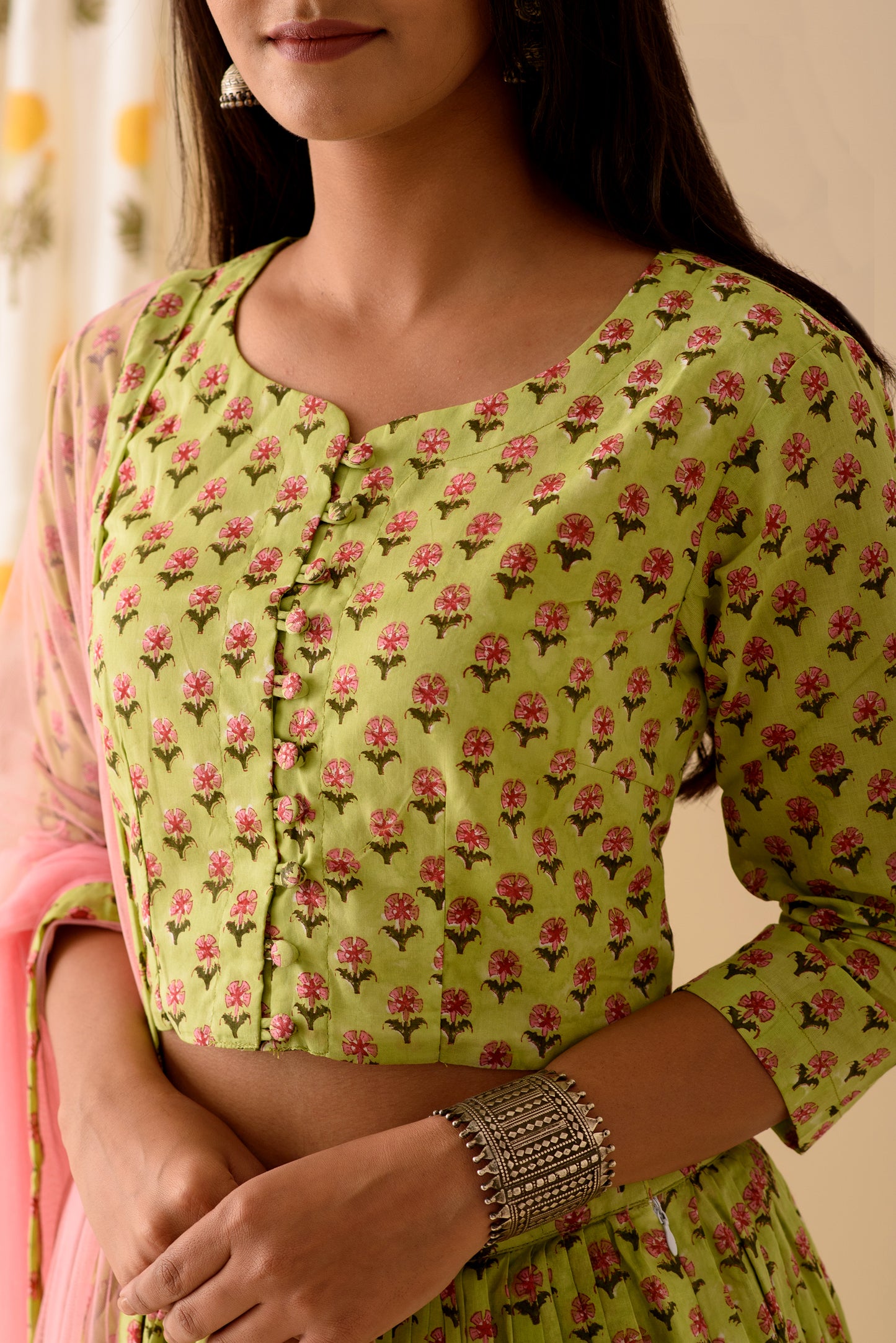 Green BlockPrint Lehenga Set - S