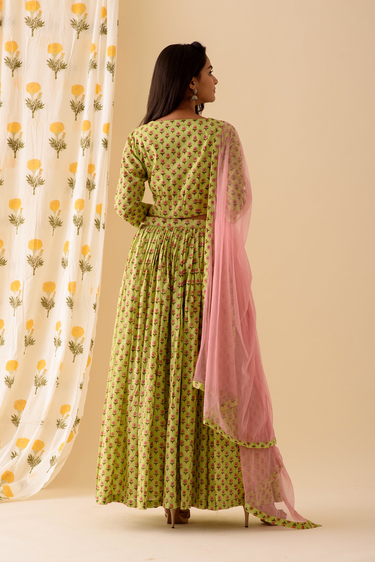 Green BlockPrint Lehenga Set - S