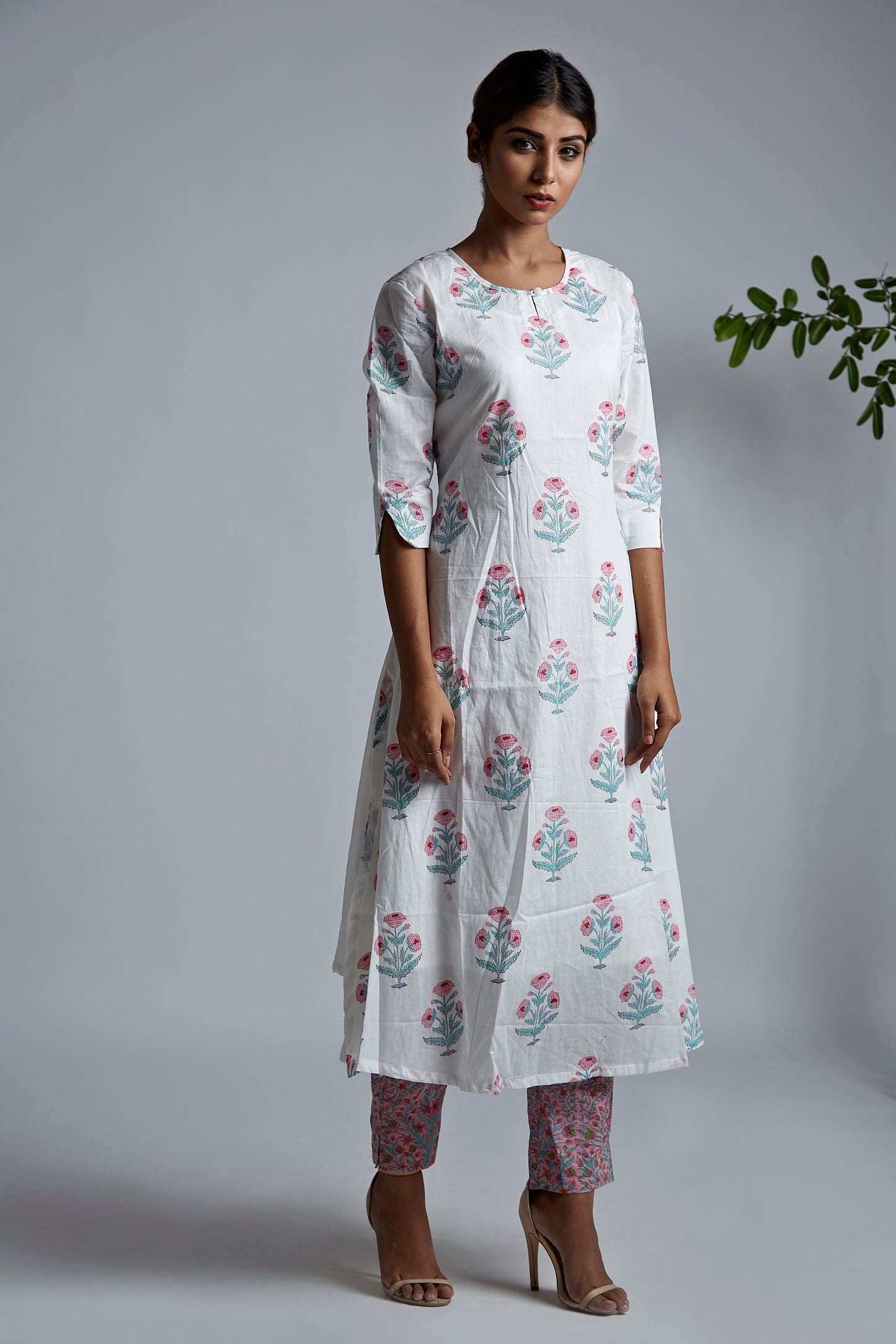 Pink Offwhite BlockPrint A-Line Kurta - M