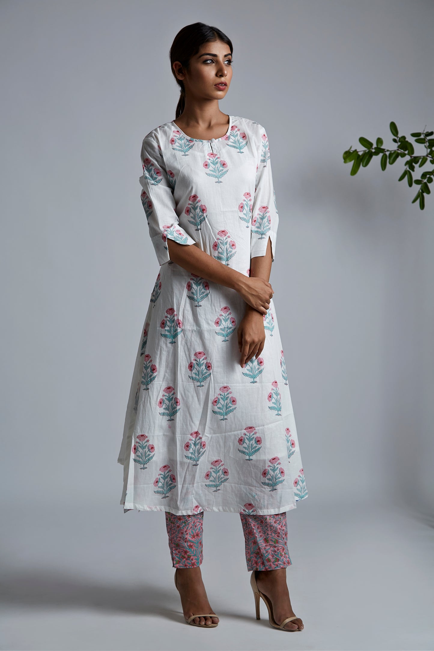 Pink Offwhite BlockPrint A-Line Kurta - M