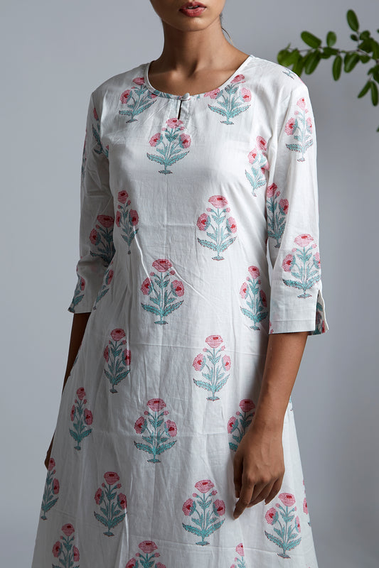 Pink Offwhite BlockPrint A-Line Kurta - M