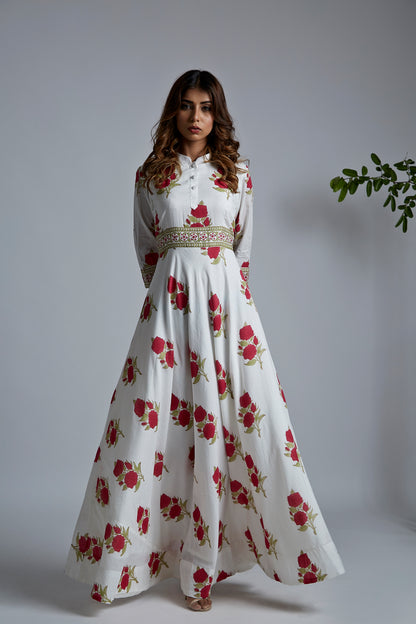 Magenta Rose Blockprint Anarkali Suit with Dupatta - Set of 2