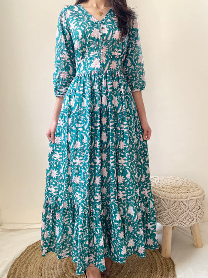 Forest Green Jhaal Blockprinted Tiered Maxi