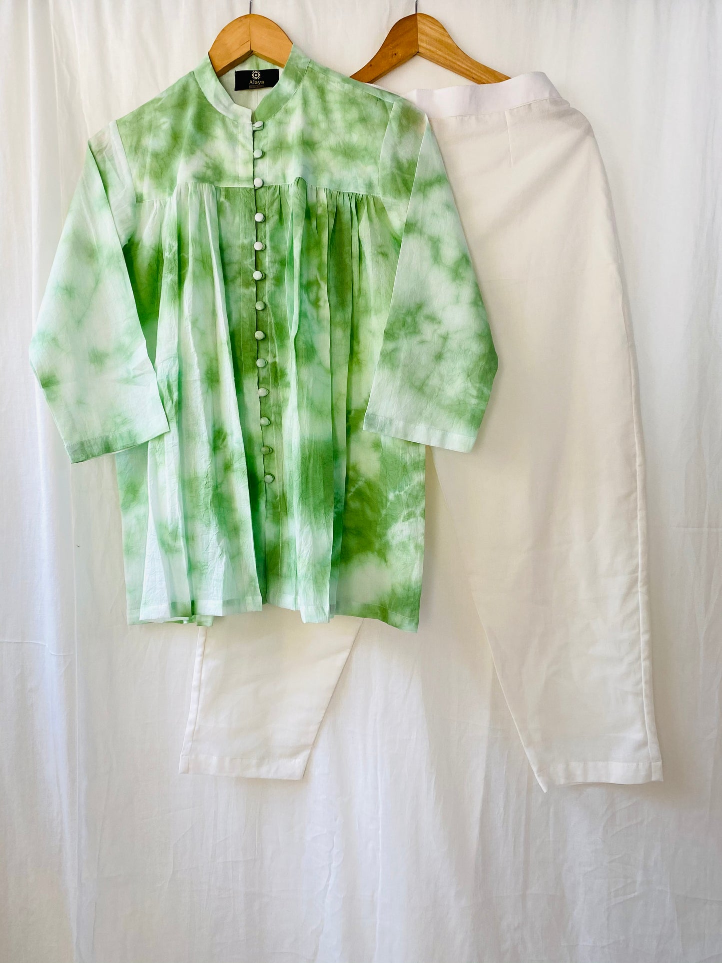 Green Tie Dye Top with solid White Pants