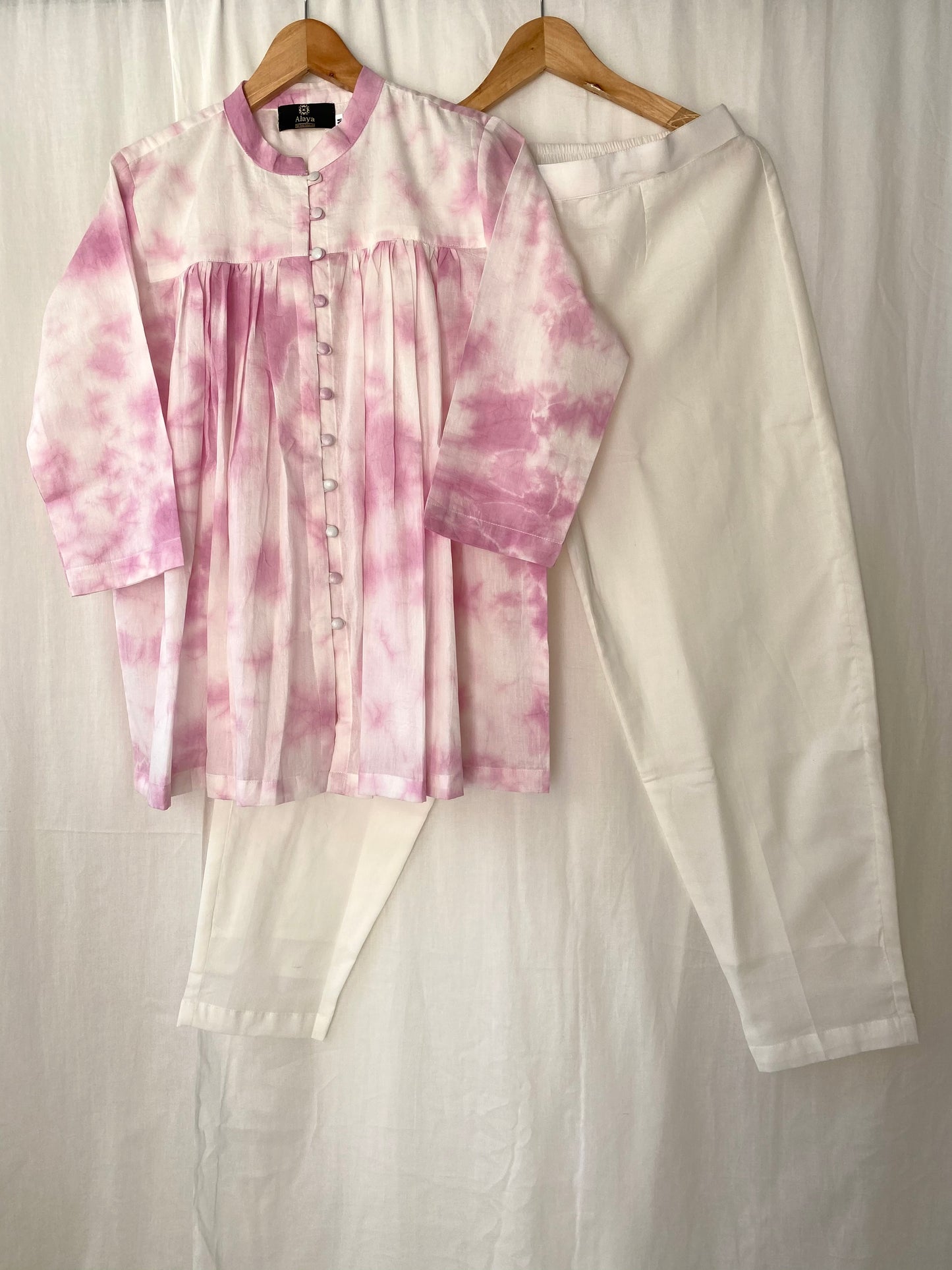 Lavender Tie Dye Top with solid White Pants
