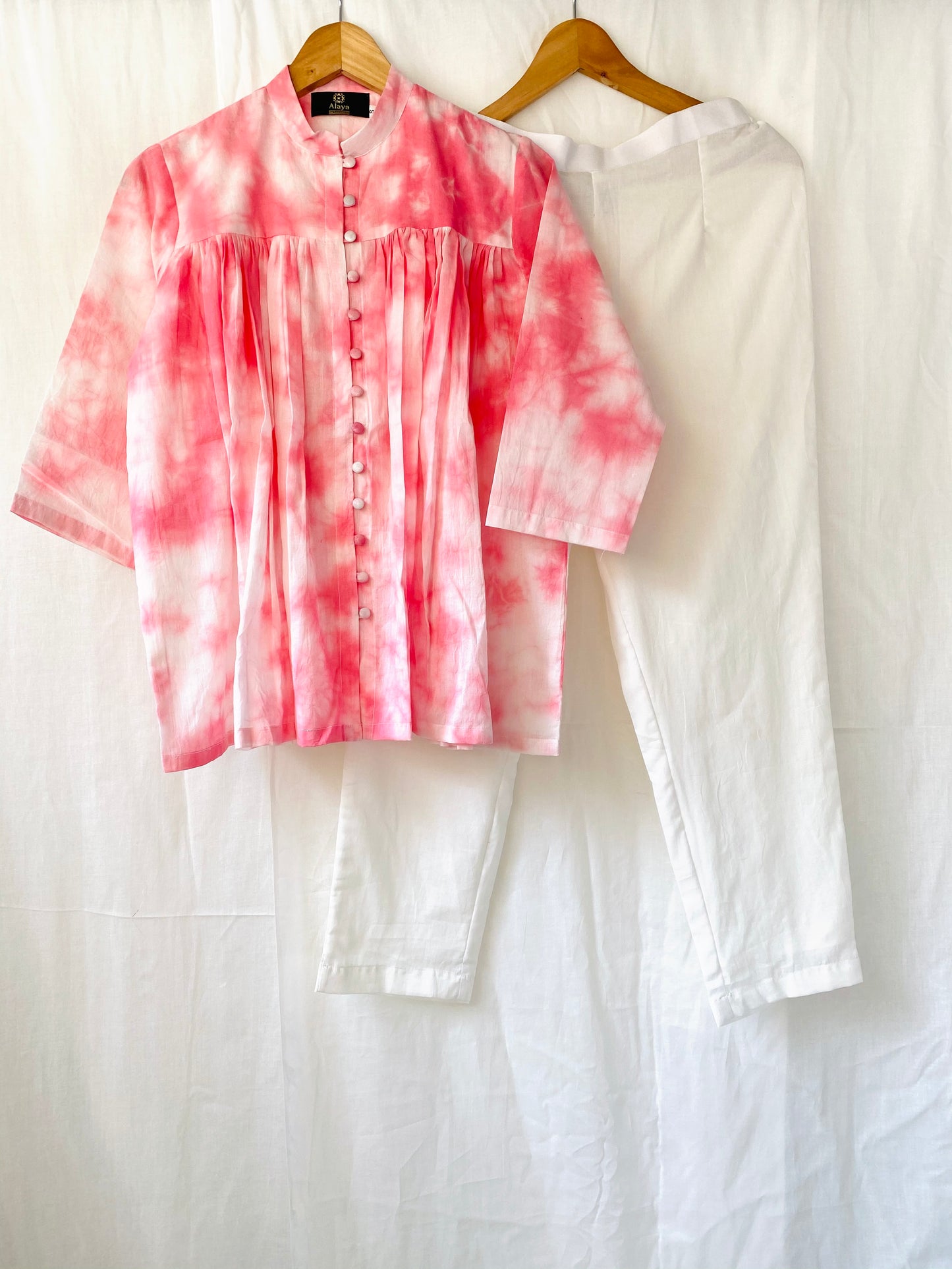 Pink Tie Dye Top with solid White Pants