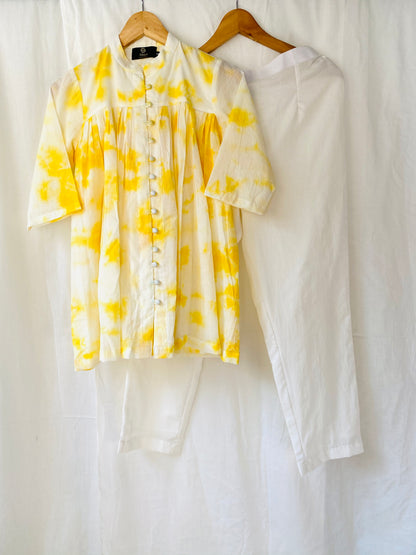 Yellow Tie Dye Top with solid White Pants