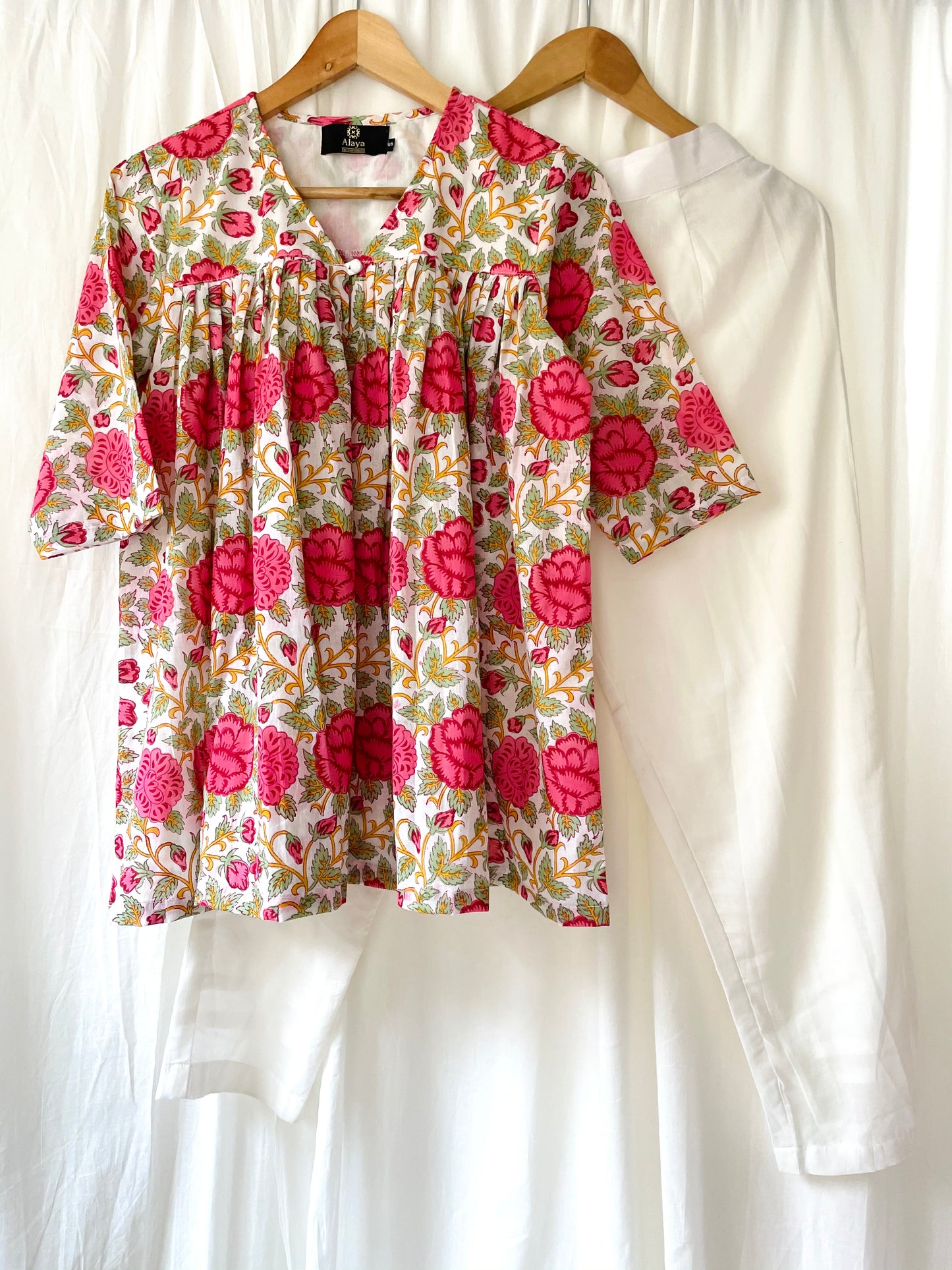 Rose Garden Blockprinted Top with solid White Pants