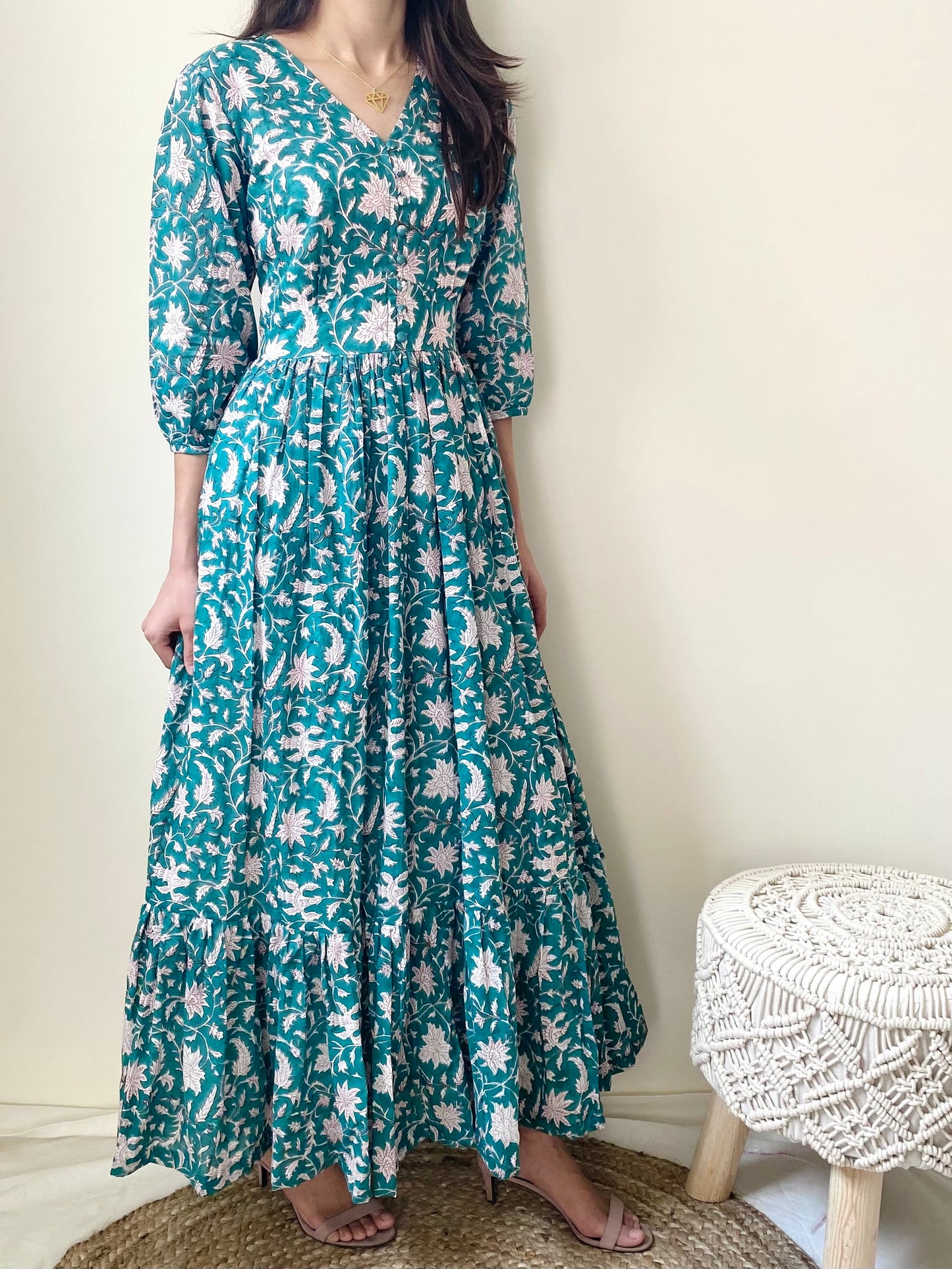 Forest Green Jhaal Blockprinted Tiered Maxi